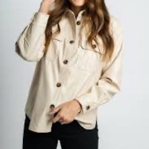 Faux Leather Shacket with Tortoise Buttons with Right Chest Pocket - Beige